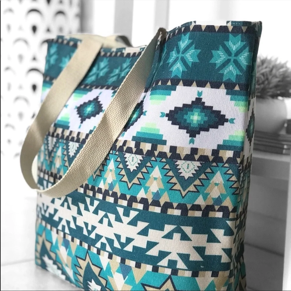 Aztec Print Green Blue Teal Summer Tote Bag - Picture 4 of 8